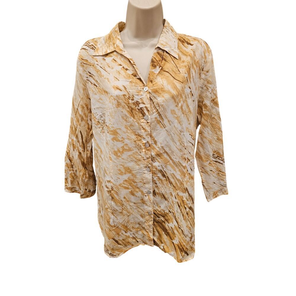 L 14 / 16 COLDWATER CREEK neutral watercolor 3/4 sleeve button up Lightweight +